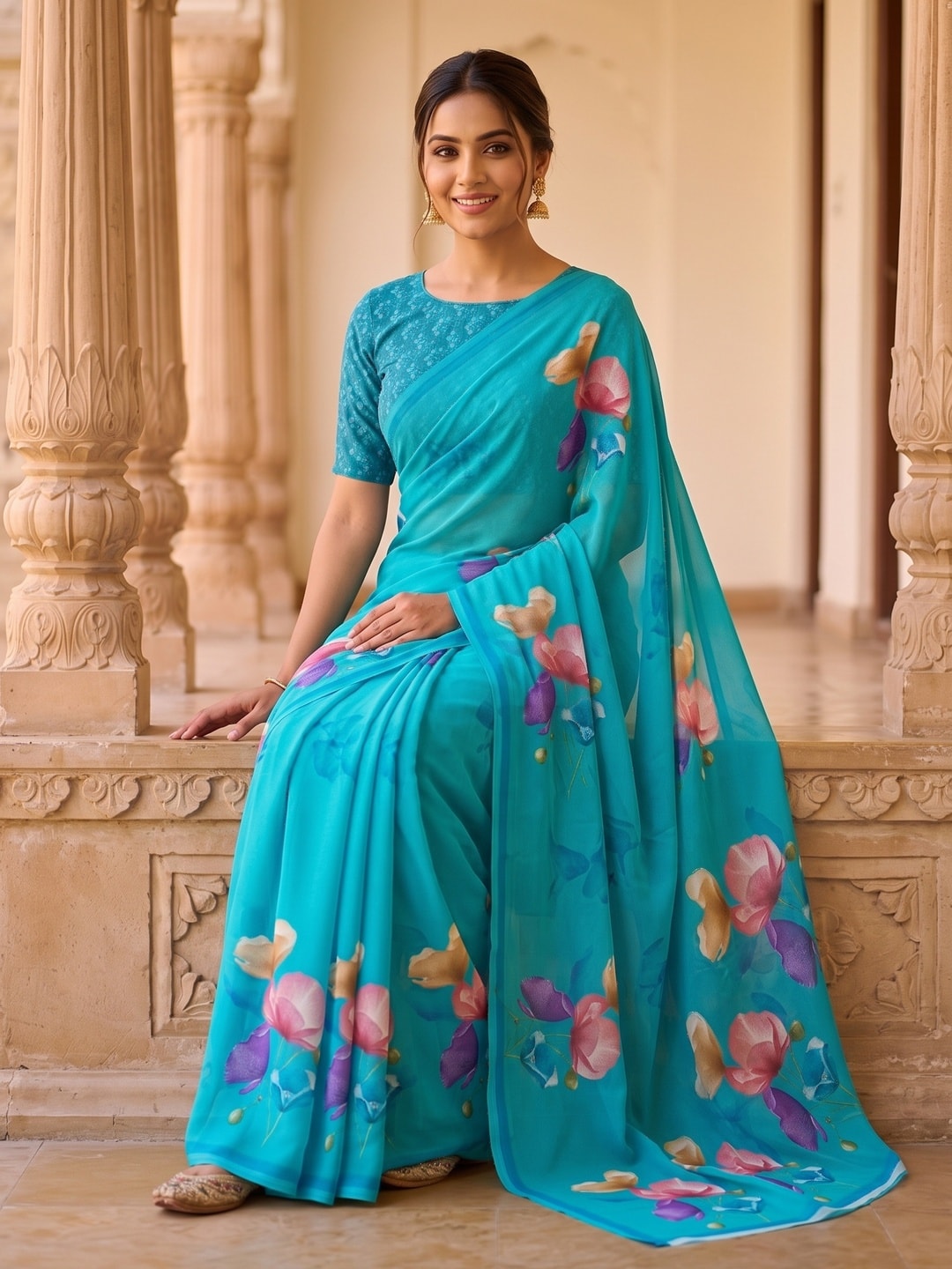 Peachmode Turquoise Watercolour Bloom Weightless Georgette Digital Printed Saree - Image 4