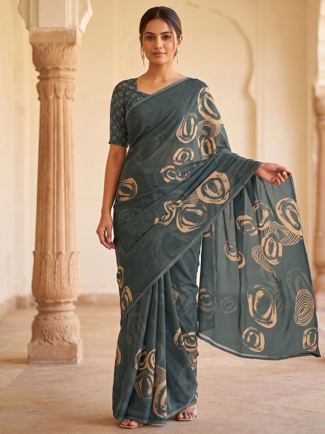 Peachmode Grey Abstract Rose Swirl Weightless Georgette Digital Printed Saree - Image 1