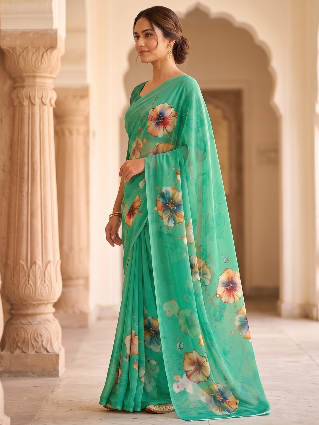 Peachmode Sea Green Poppy Floral Weightless Georgette Digital Printed Saree - Image 2