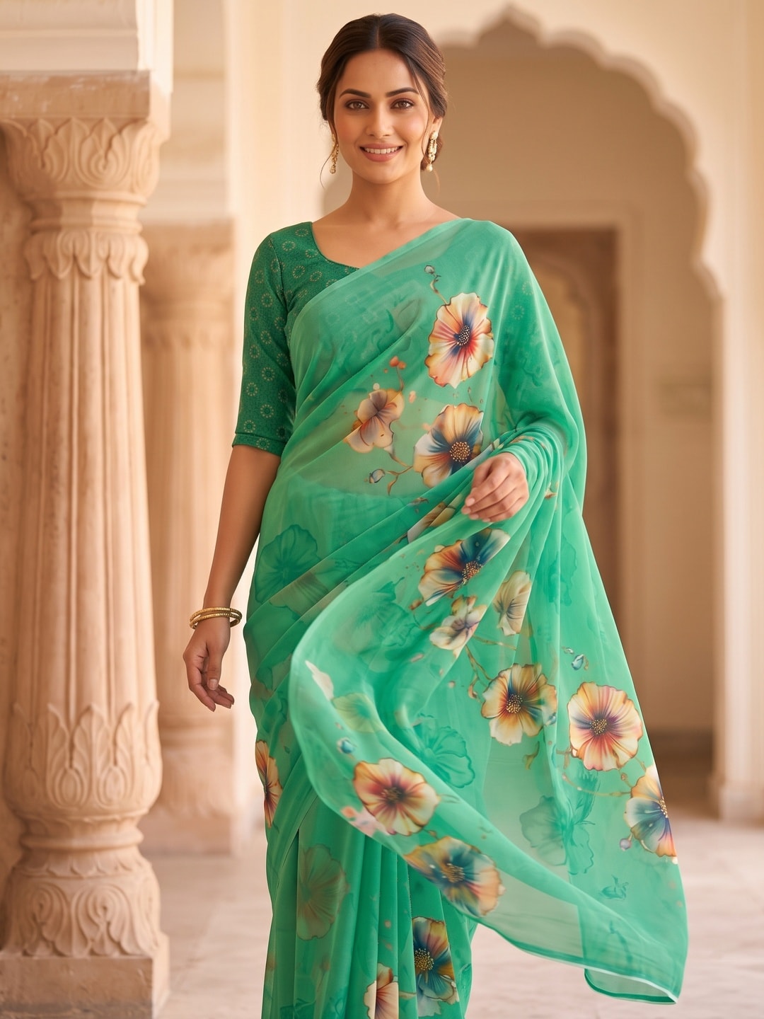 Peachmode Sea Green Poppy Floral Weightless Georgette Digital Printed Saree - Image 3