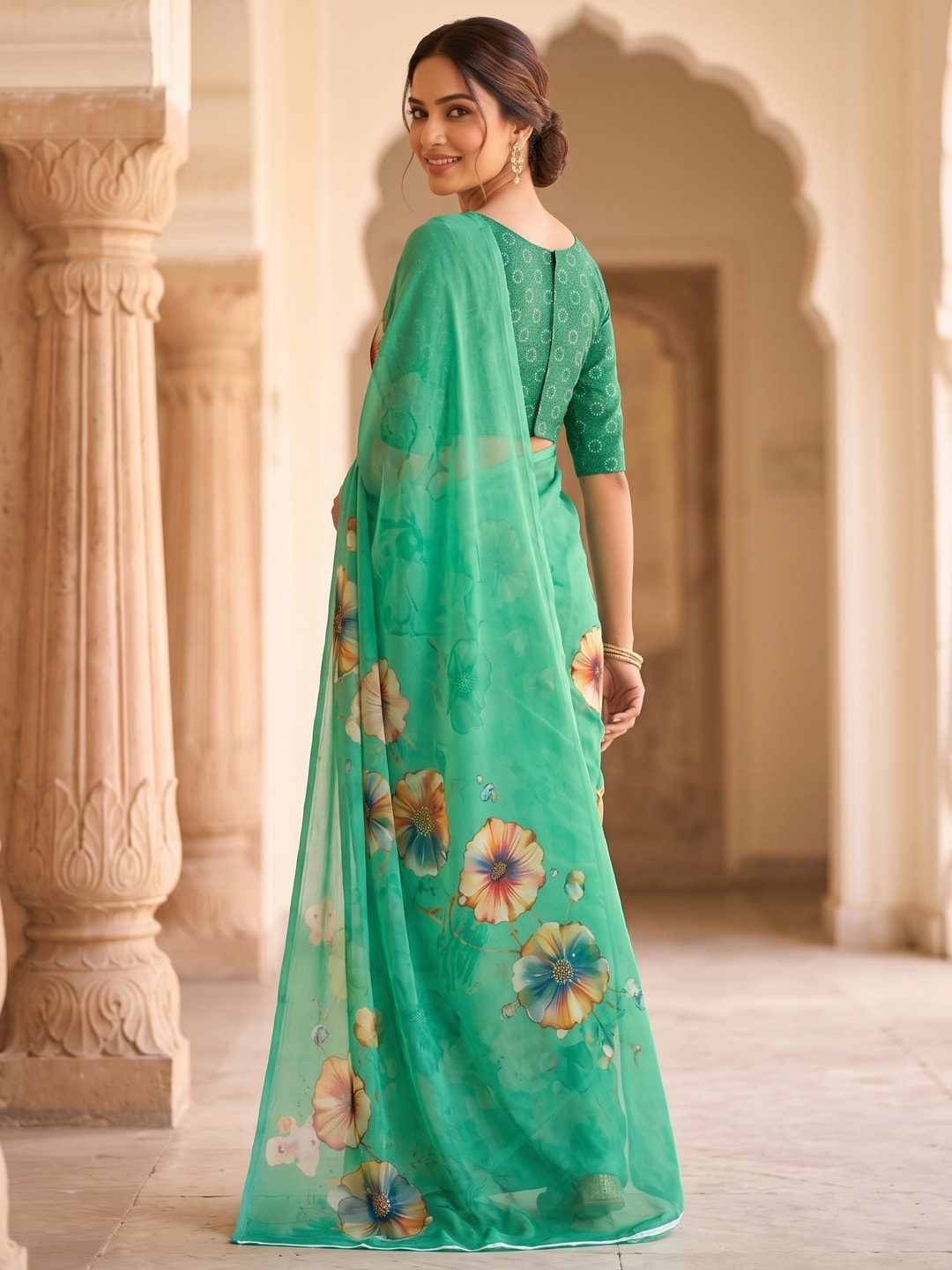 Peachmode Sea Green Poppy Floral Weightless Georgette Digital Printed Saree - Image 4