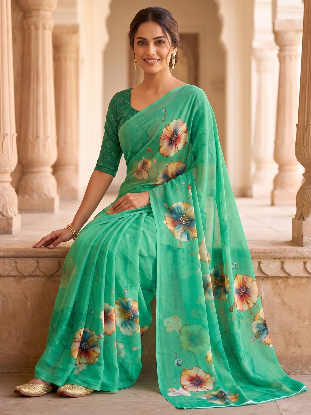 Peachmode Sea Green Poppy Floral Weightless Georgette Digital Printed Saree - Image 5