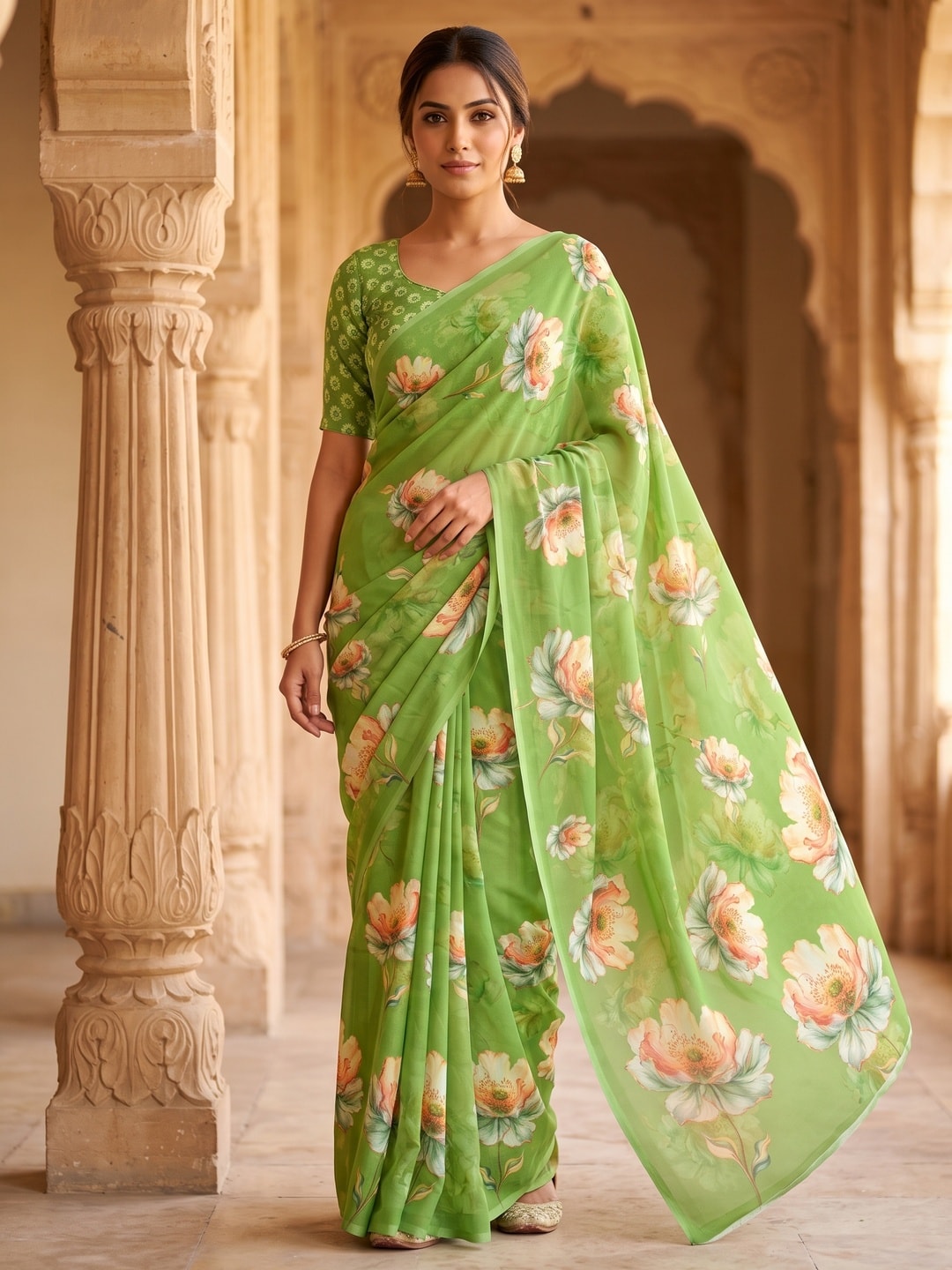 Peachmode Light Green Peach Bloom Floral Weightless Georgette Digital Printed Saree - Image 1