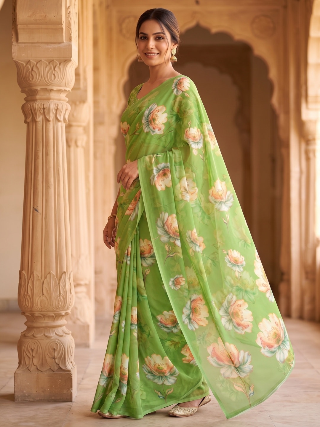 Peachmode Light Green Peach Bloom Floral Weightless Georgette Digital Printed Saree - Image 2
