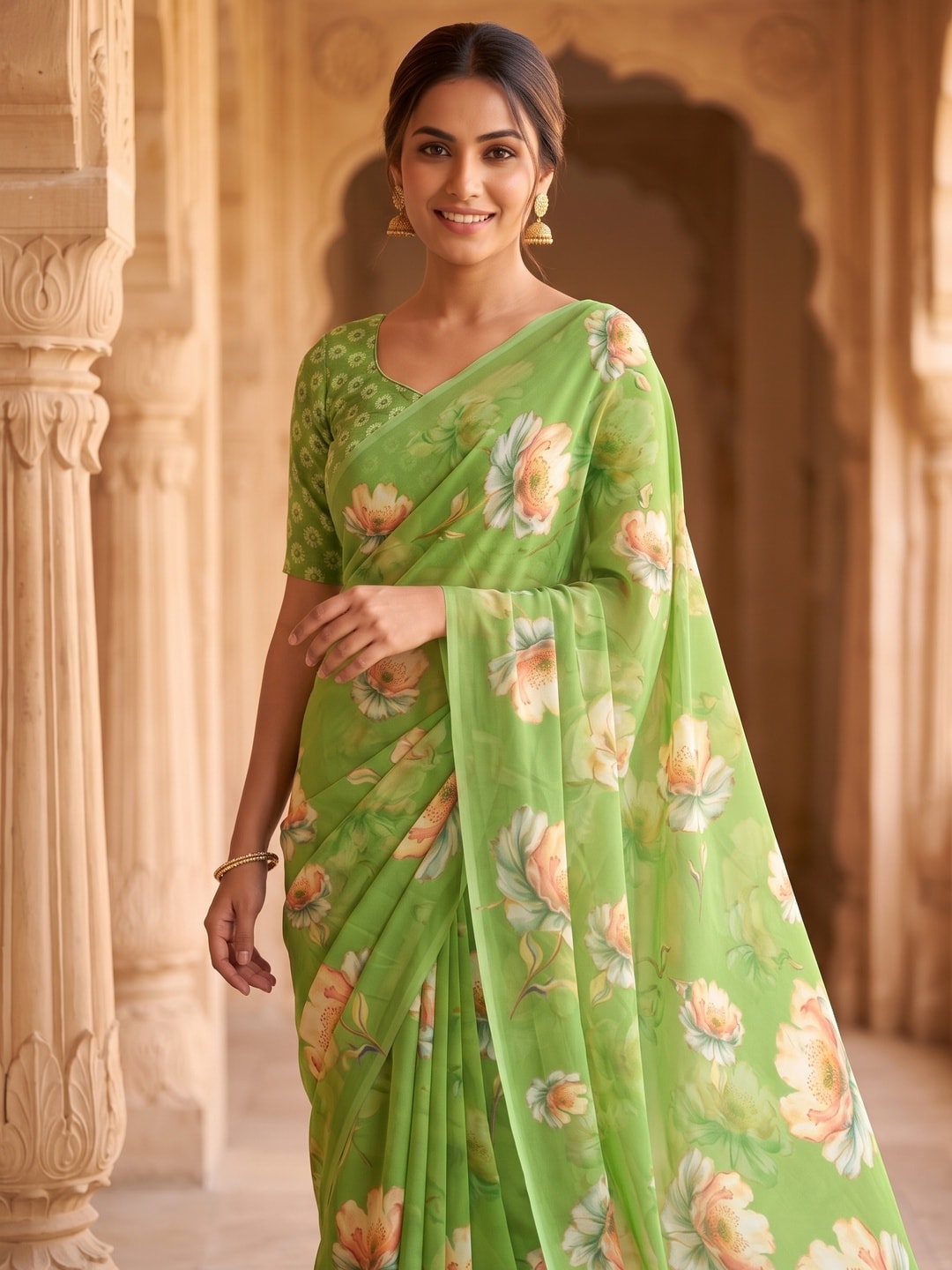 Peachmode Light Green Peach Bloom Floral Weightless Georgette Digital Printed Saree - Image 3