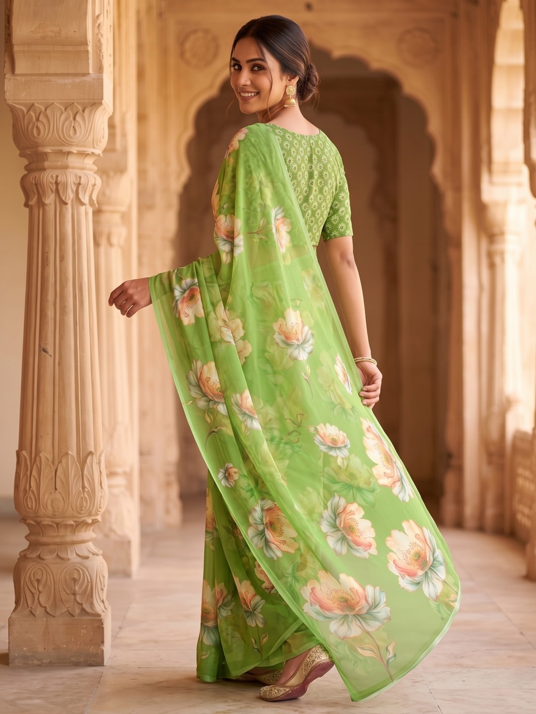 Peachmode Light Green Peach Bloom Floral Weightless Georgette Digital Printed Saree - Image 4