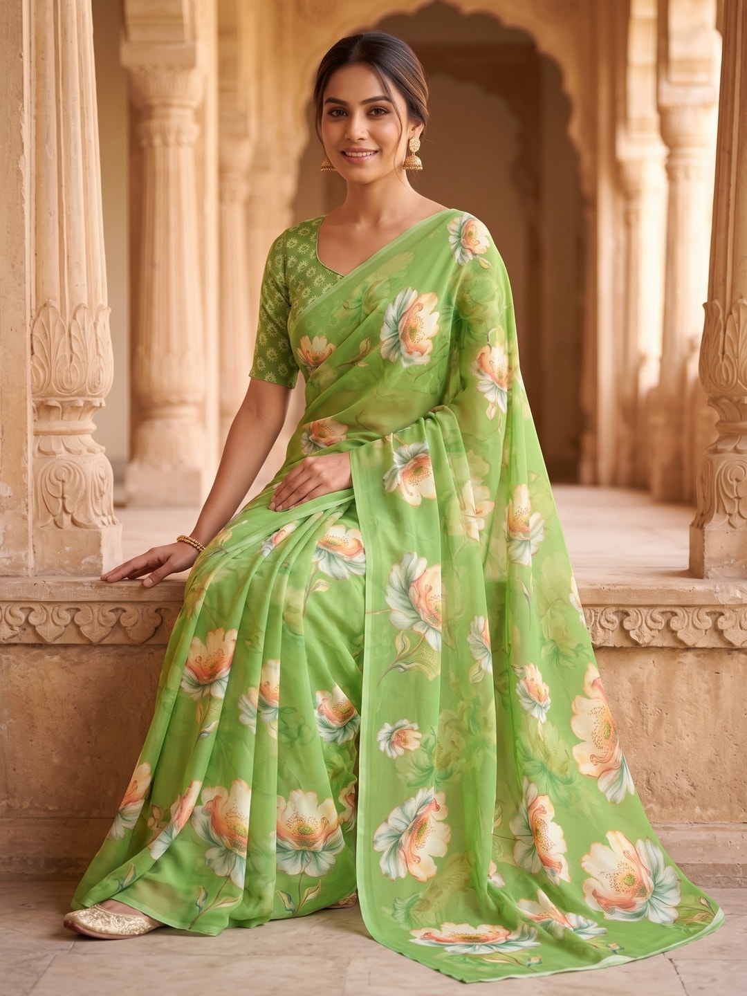 Peachmode Light Green Peach Bloom Floral Weightless Georgette Digital Printed Saree - Image 5