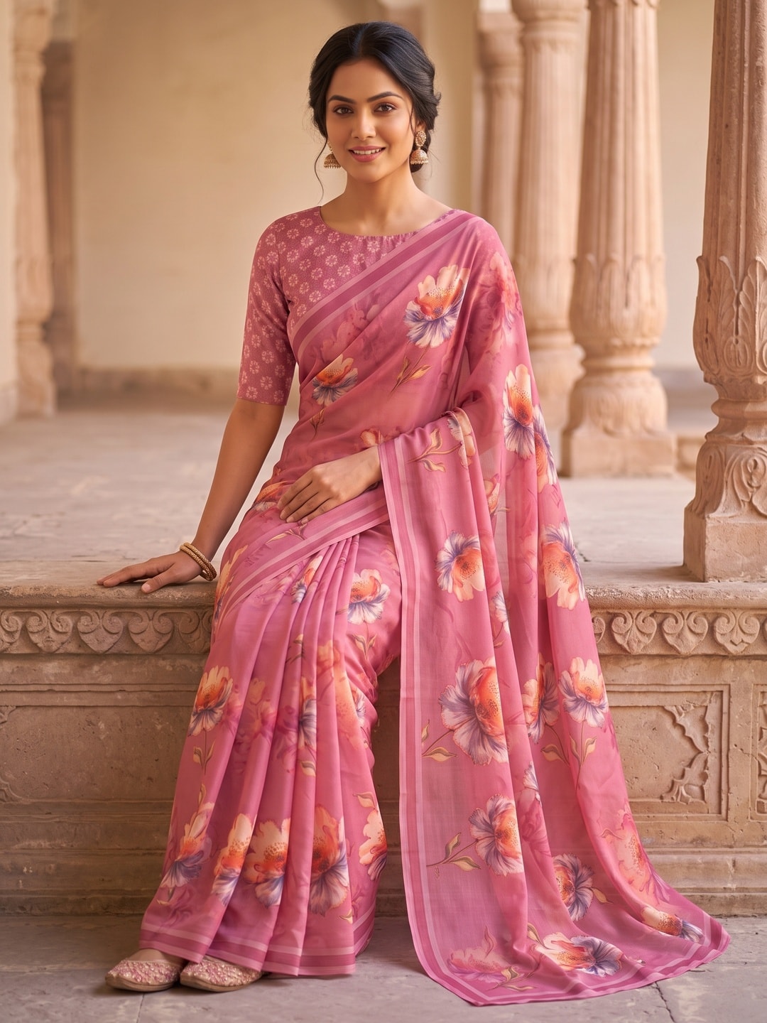 Peachmode Pink Peach Bloom Floral Weightless Georgette Digital Printed Saree - Image 5