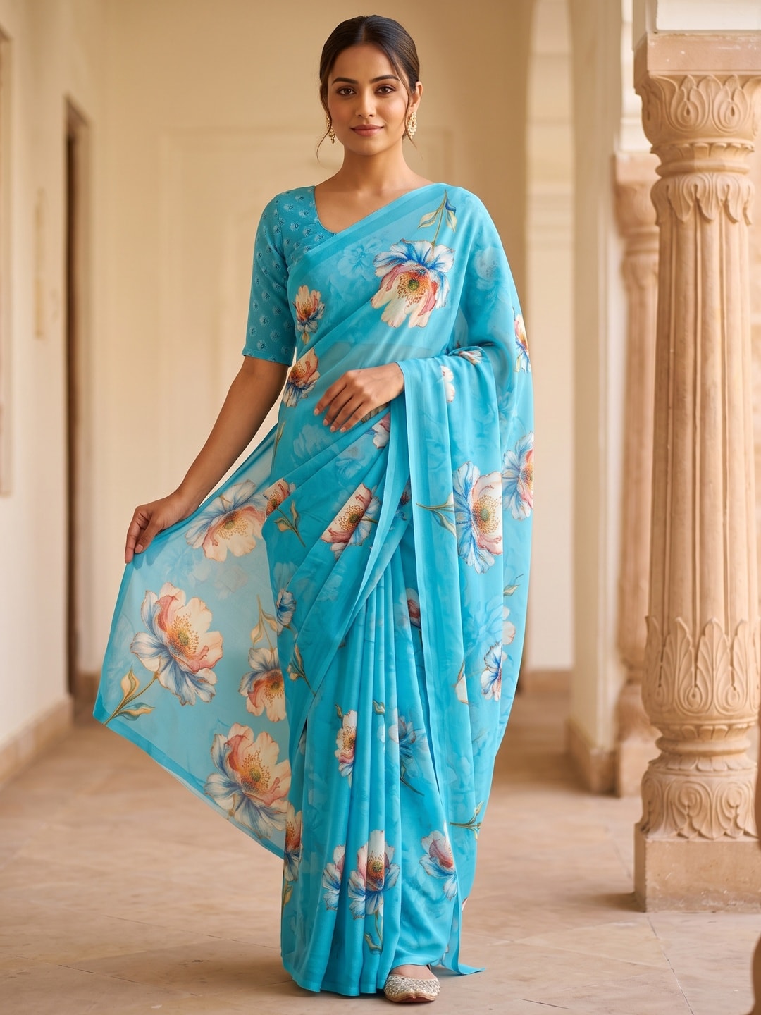 Peachmode Sky Blue Peach Bloom Floral Weightless Georgette Digital Printed Saree - Image 1