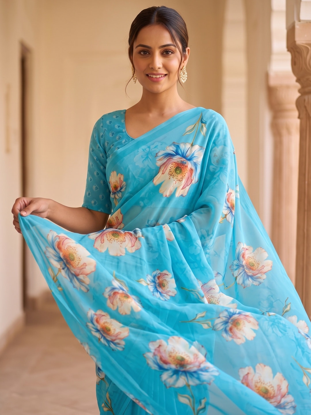 Peachmode Sky Blue Peach Bloom Floral Weightless Georgette Digital Printed Saree - Image 3