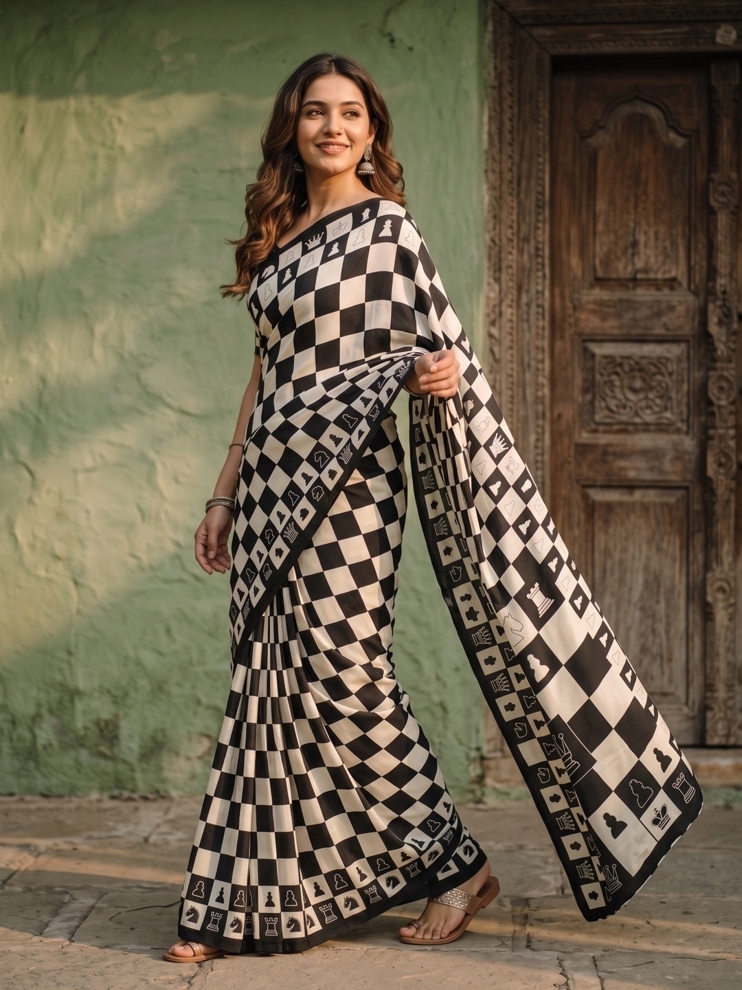 Peachmode Black Crepe Checkmate Chess Print Saree - Image 2