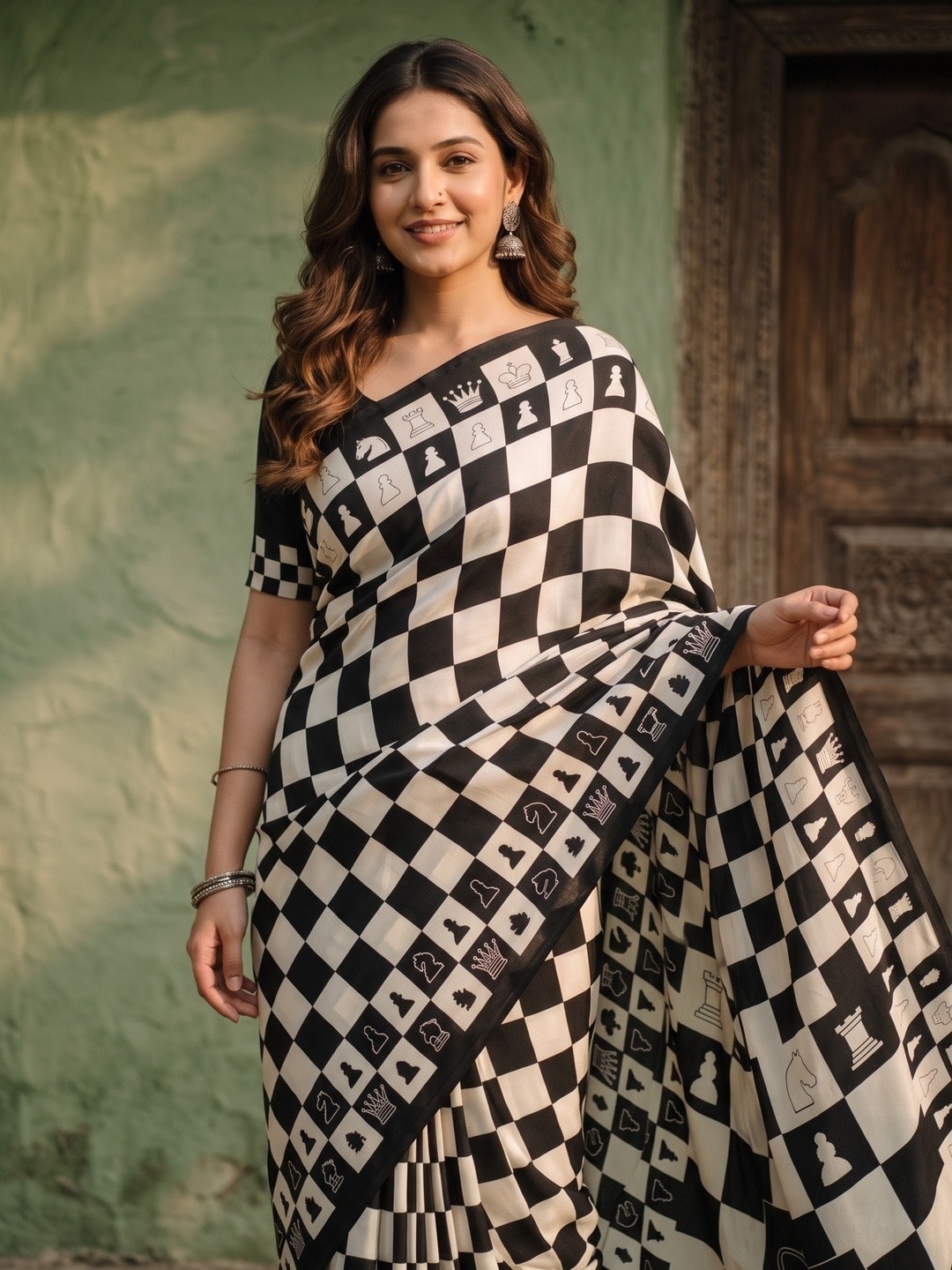Peachmode Black Crepe Checkmate Chess Print Saree - Image 3