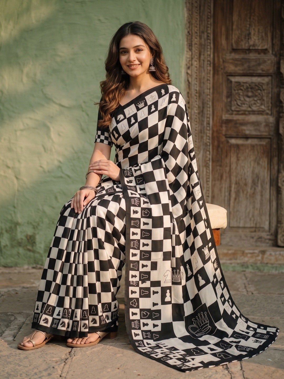 Peachmode Black Crepe Checkmate Chess Print Saree - Image 5