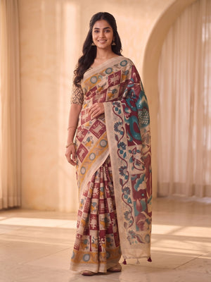 Peachmode Maroon Pure Linen Chennur Print Saree With Thread Mirror Work And Tassels - Image 1