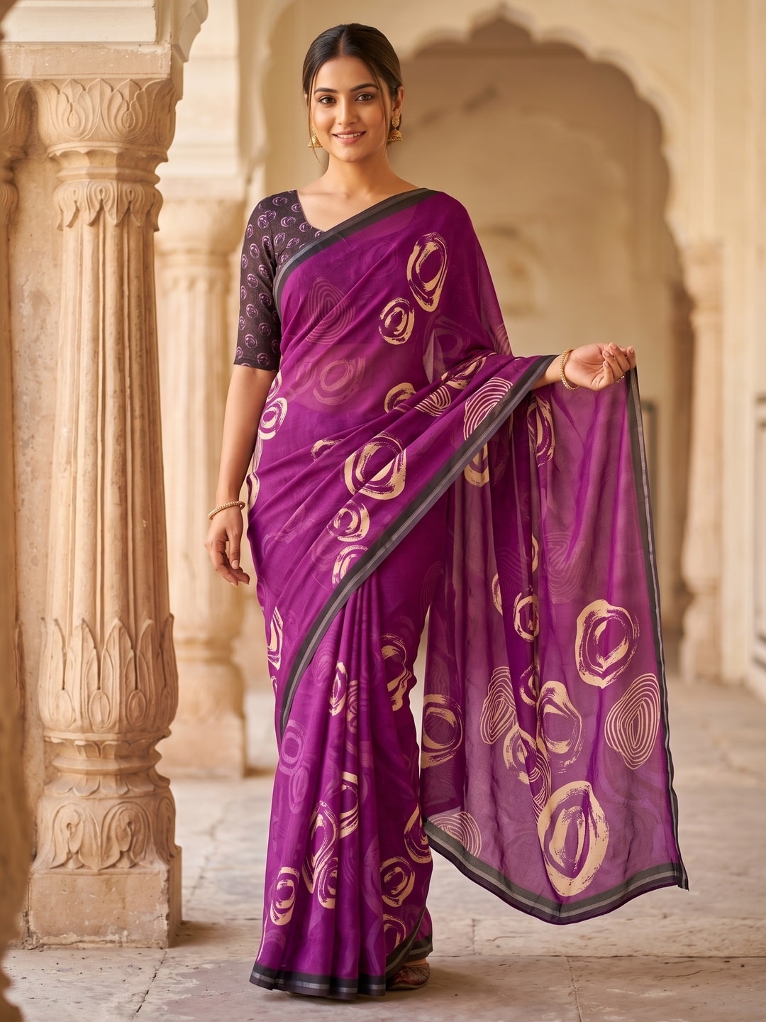 Peachmode Magenta Abstract Rose Swirl Weightless Georgette Digital Printed Saree - Image 1
