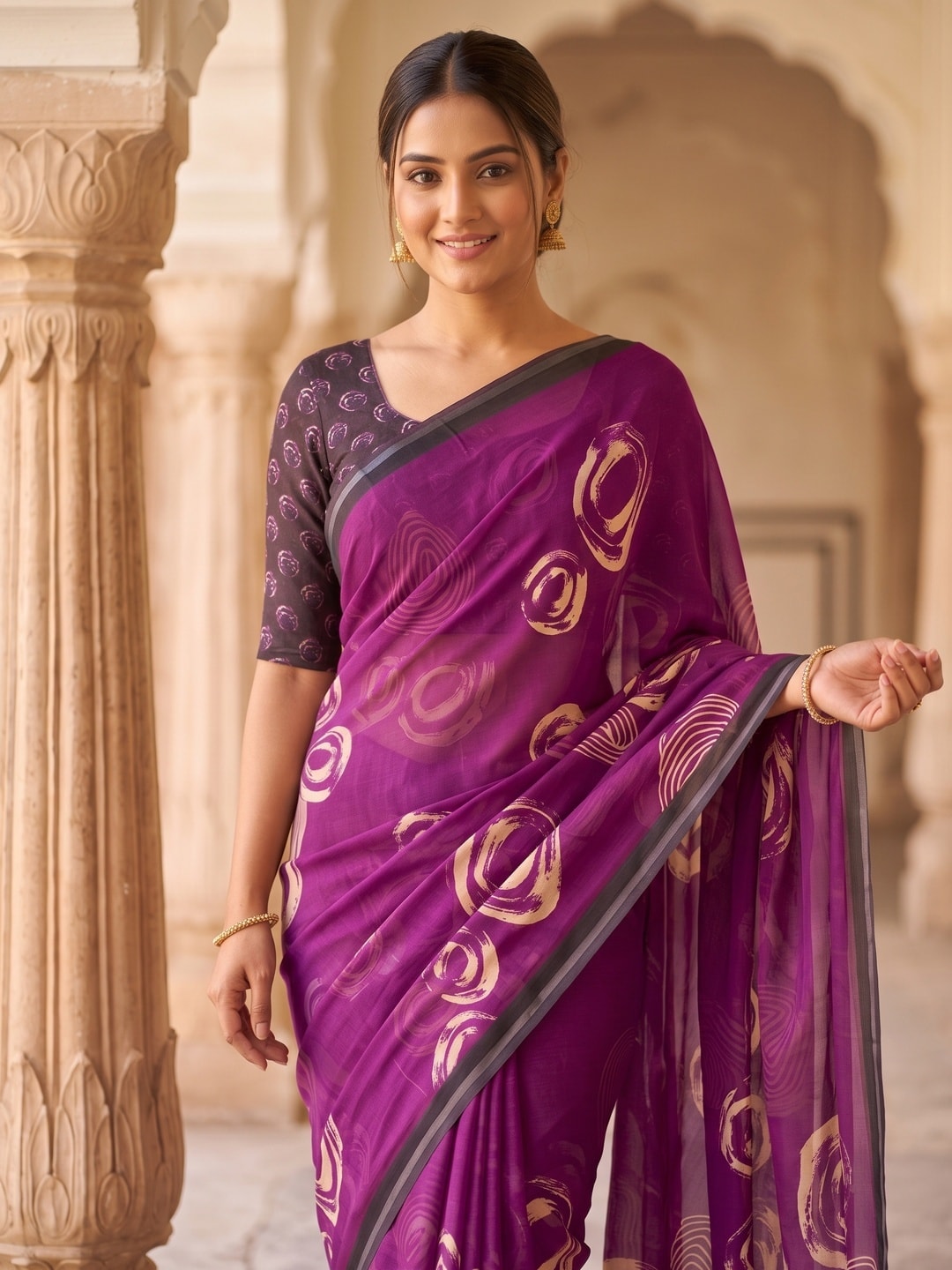 Peachmode Magenta Abstract Rose Swirl Weightless Georgette Digital Printed Saree - Image 3