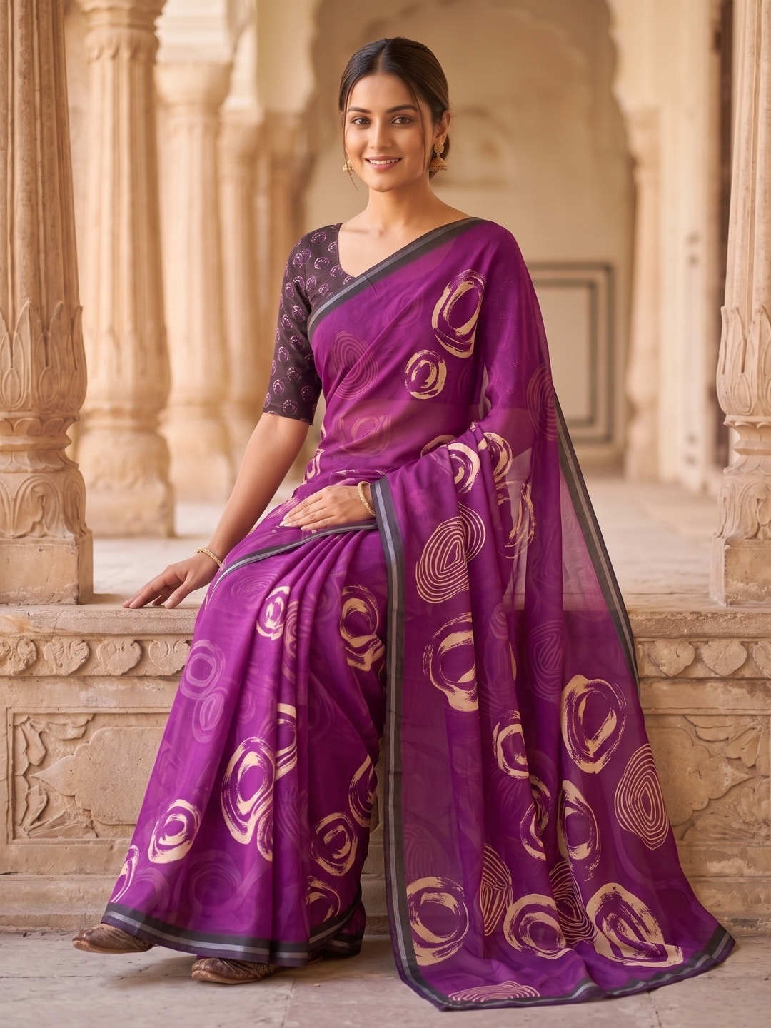 Peachmode Magenta Abstract Rose Swirl Weightless Georgette Digital Printed Saree - Image 5