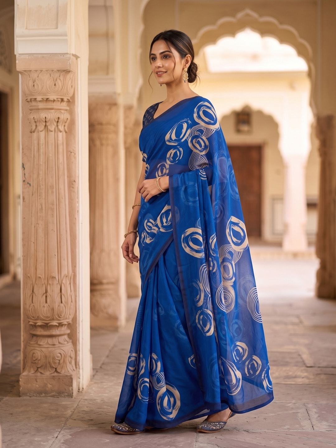 Peachmode Royal Blue Abstract Rose Swirl Weightless Georgette Digital Printed Saree - Image 2