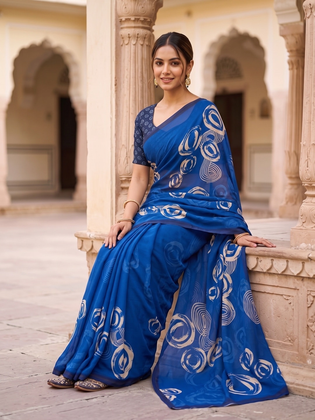 Peachmode Royal Blue Abstract Rose Swirl Weightless Georgette Digital Printed Saree - Image 5