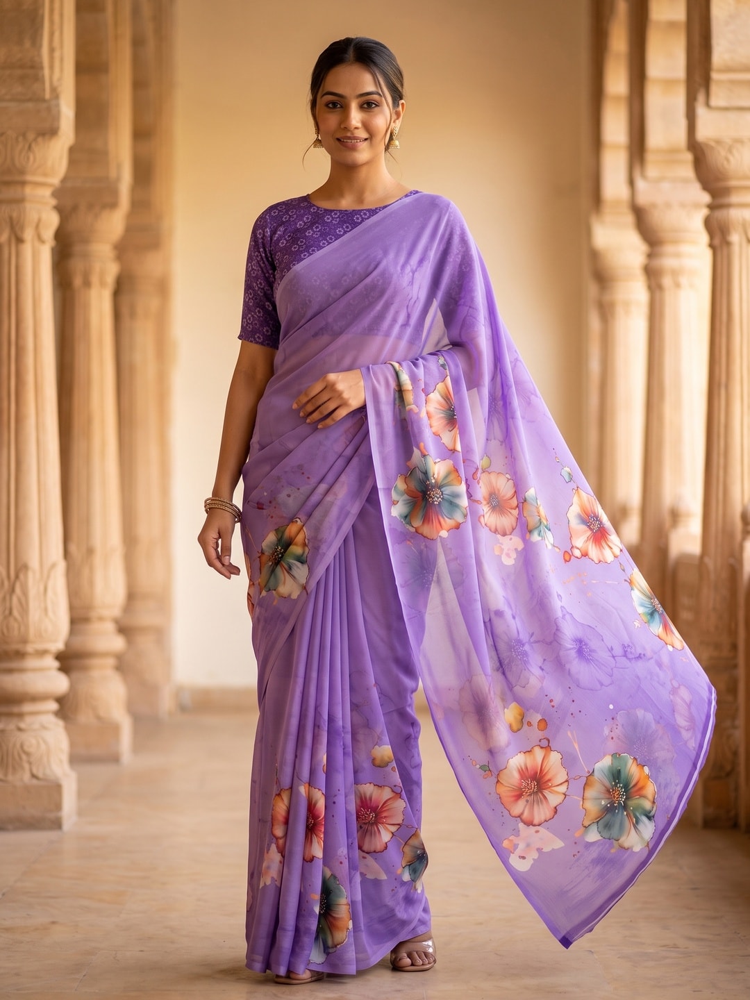 Peachmode Lavender Poppy Floral Weightless Georgette Digital Printed Saree - Image 1