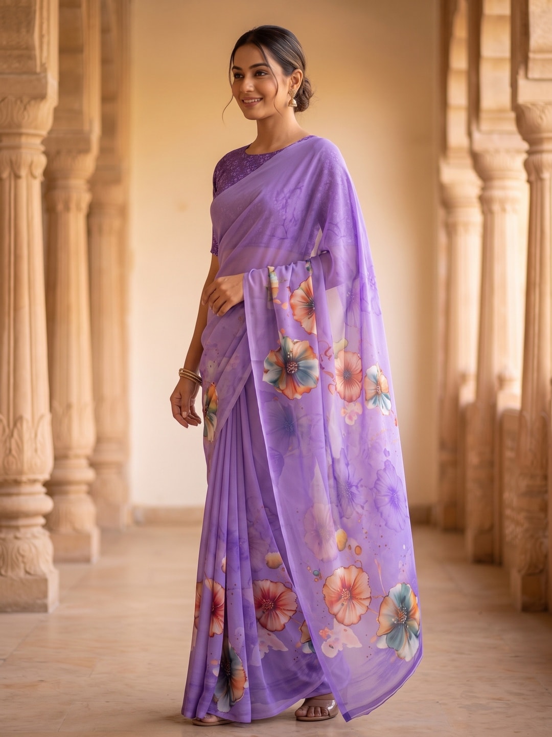 Peachmode Lavender Poppy Floral Weightless Georgette Digital Printed Saree - Image 2