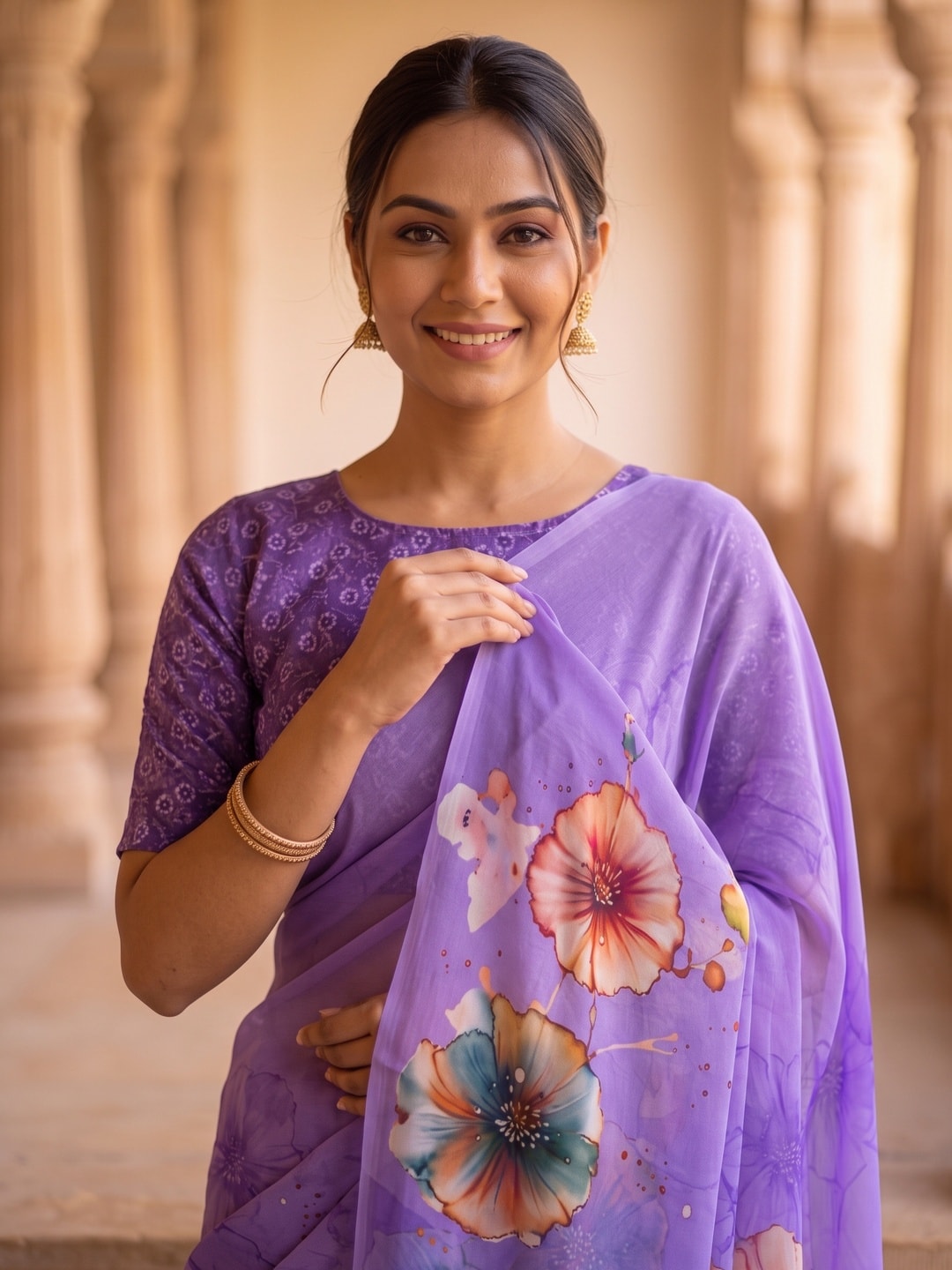 Peachmode Lavender Poppy Floral Weightless Georgette Digital Printed Saree - Image 3
