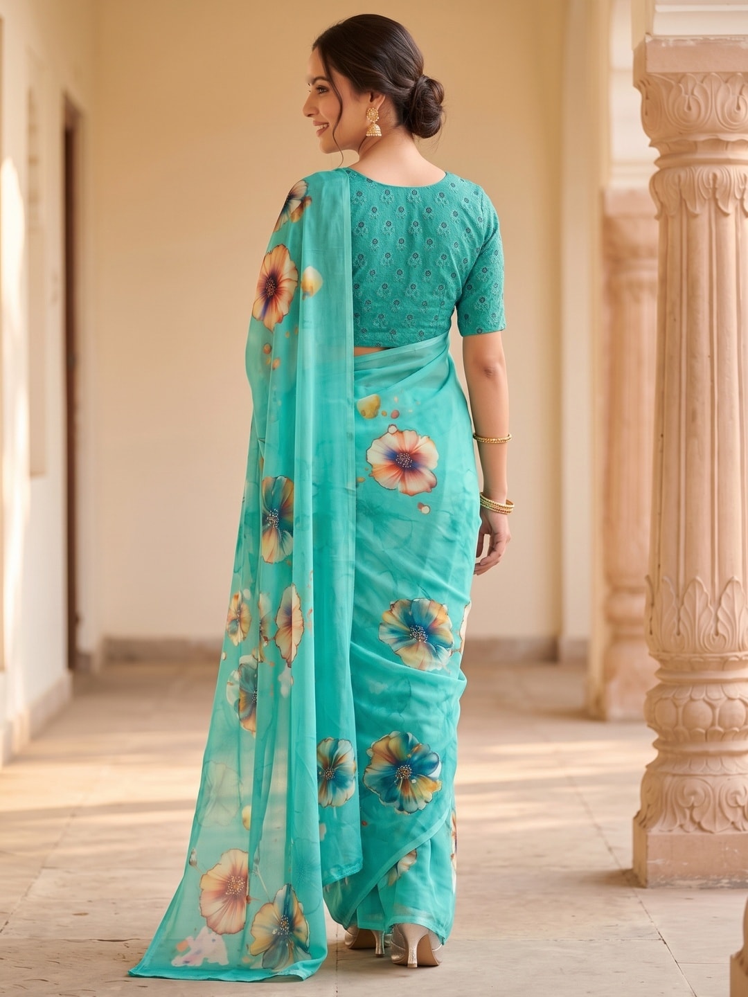 Peachmode Teal Poppy Floral Weightless Georgette Digital Printed Saree - Image 4