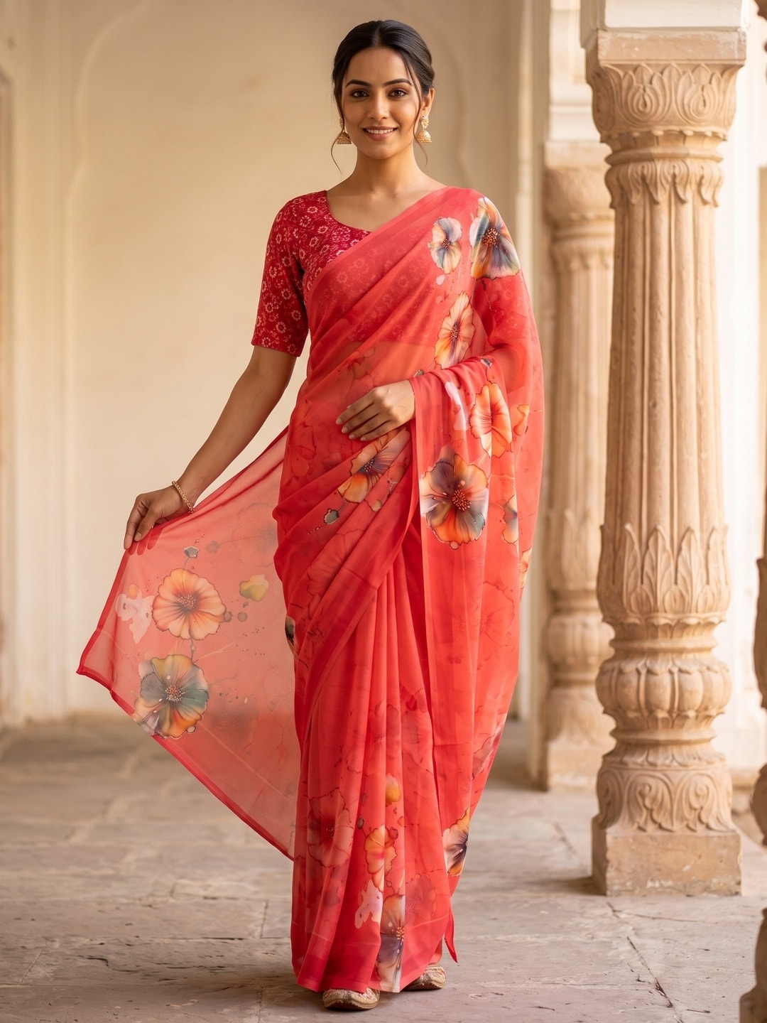 Peachmode Coral Poppy Floral Weightless Georgette Digital Printed Saree - Image 1