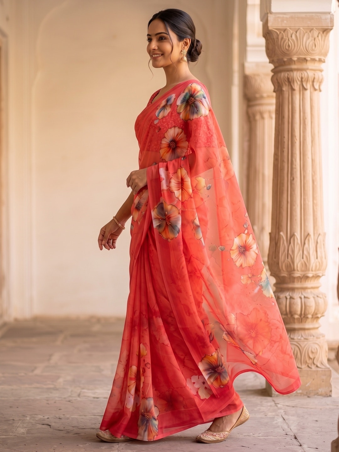 Peachmode Coral Poppy Floral Weightless Georgette Digital Printed Saree - Image 2