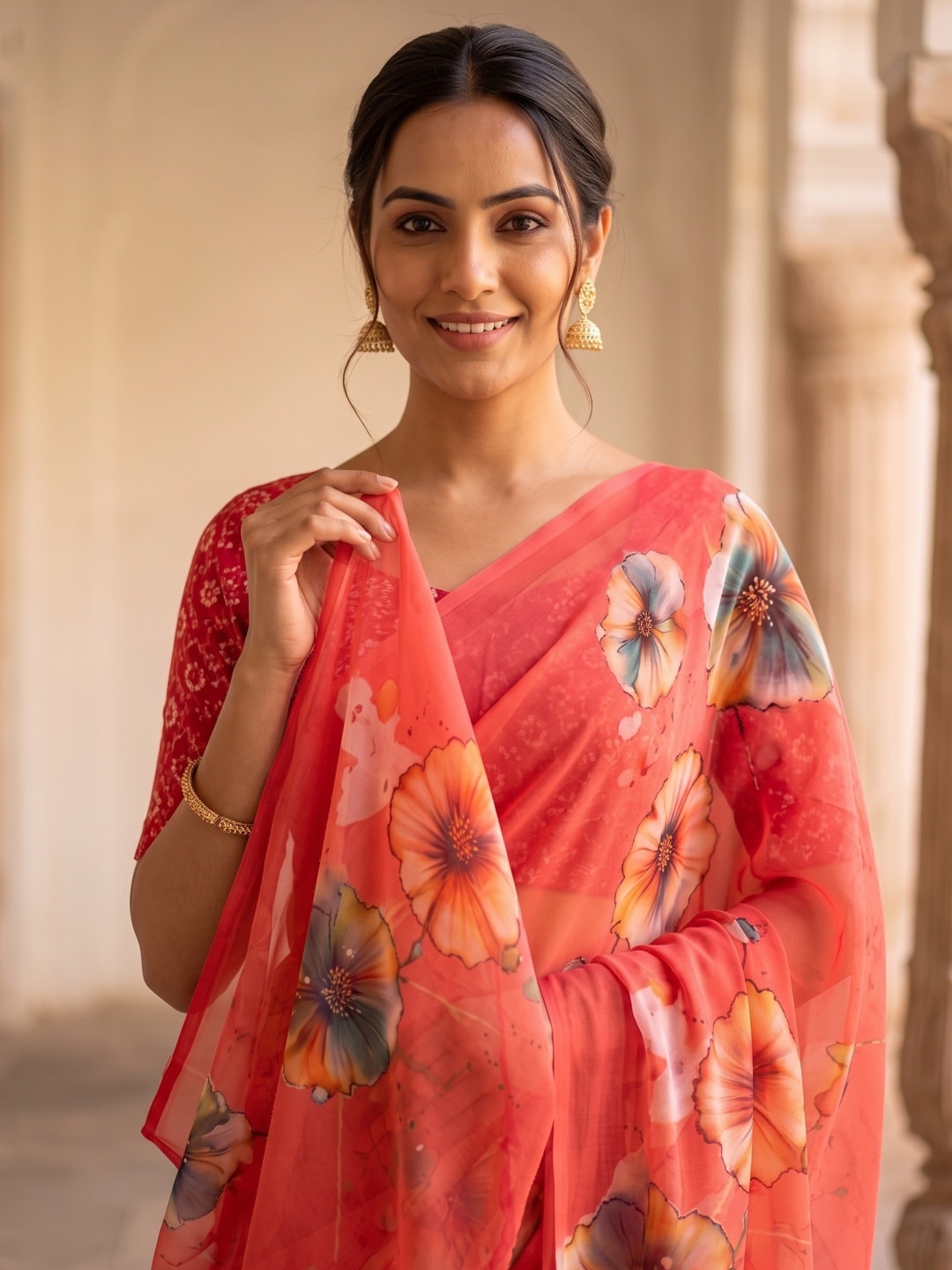 Peachmode Coral Poppy Floral Weightless Georgette Digital Printed Saree - Image 3
