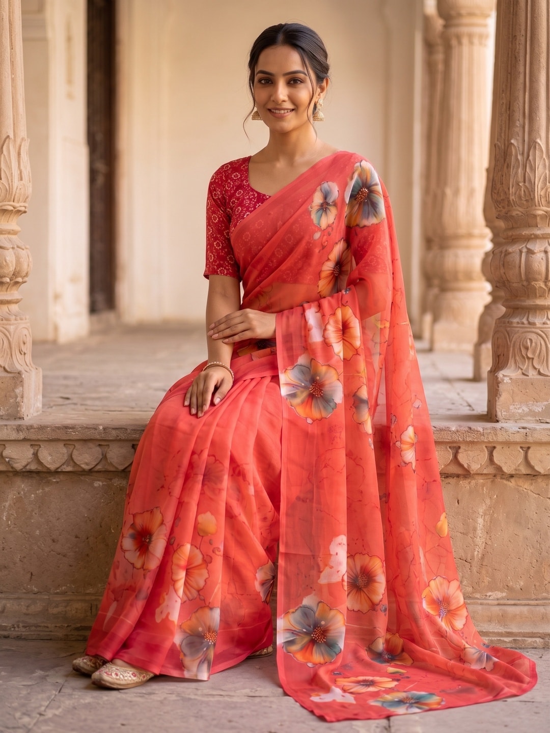 Peachmode Coral Poppy Floral Weightless Georgette Digital Printed Saree - Image 5