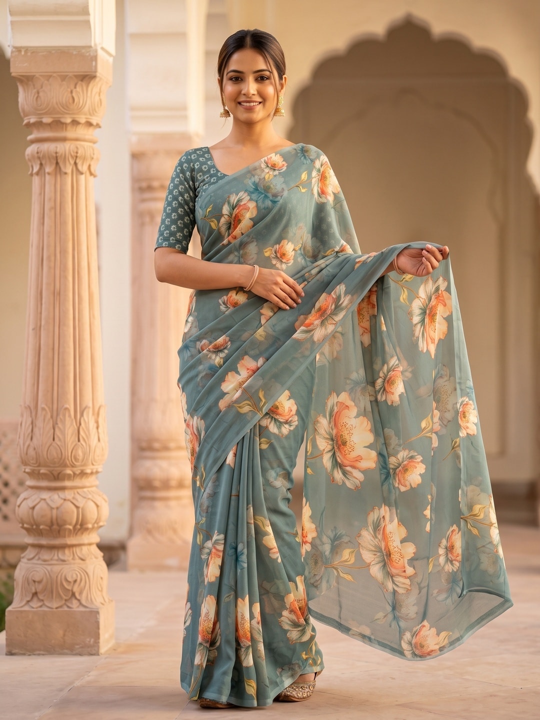 Peachmode Teal Peach Bloom Floral Weightless Georgette Digital Printed Saree - Image 1