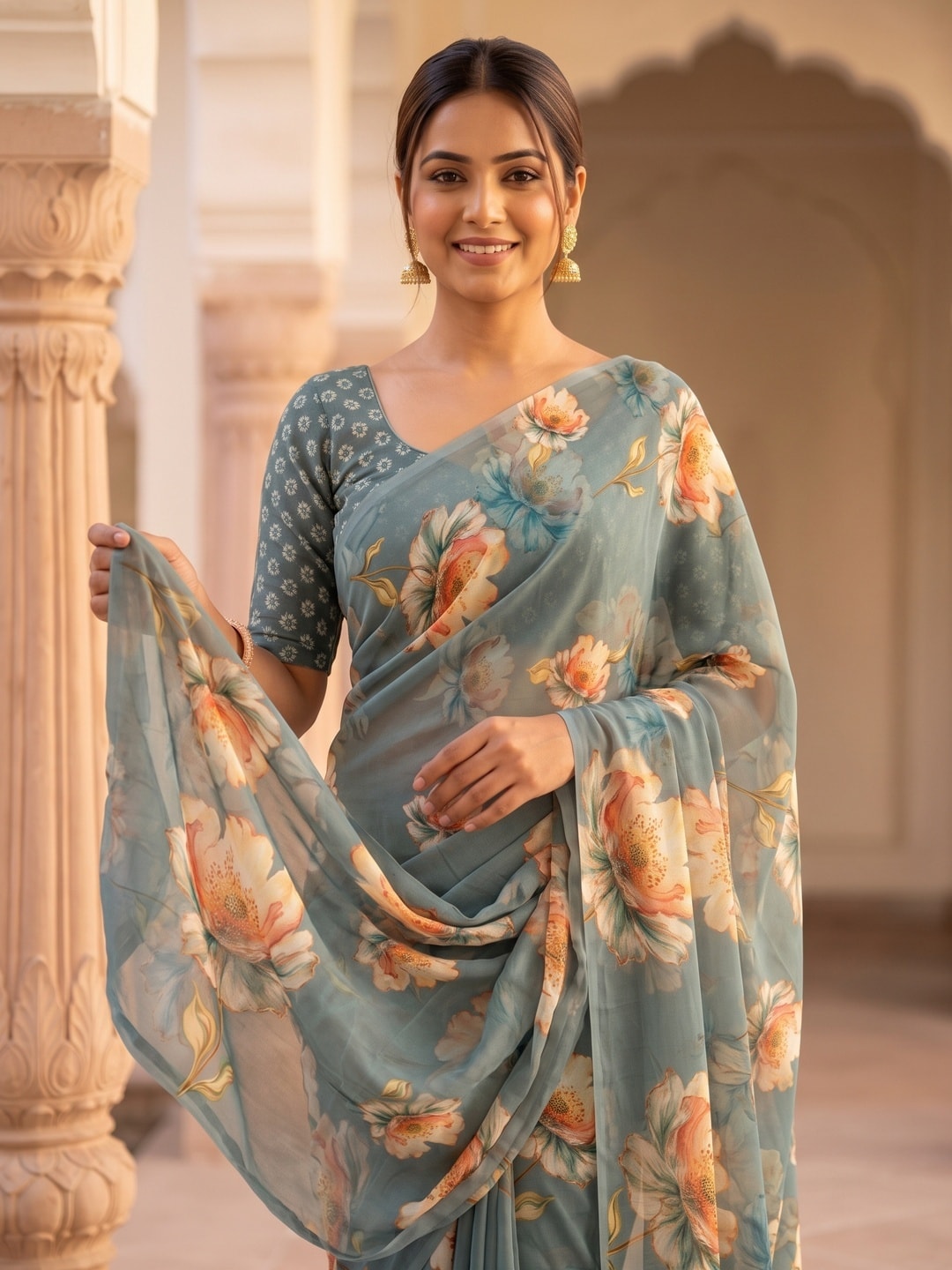 Peachmode Teal Peach Bloom Floral Weightless Georgette Digital Printed Saree - Image 3
