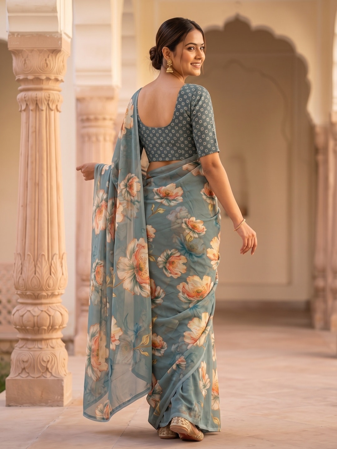 Peachmode Teal Peach Bloom Floral Weightless Georgette Digital Printed Saree - Image 4