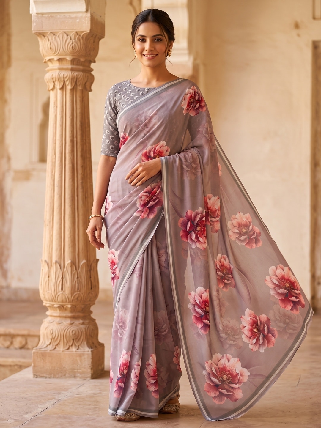 Peachmode Grey Peony Floral Weightless Georgette Digital Printed Saree - Image 1