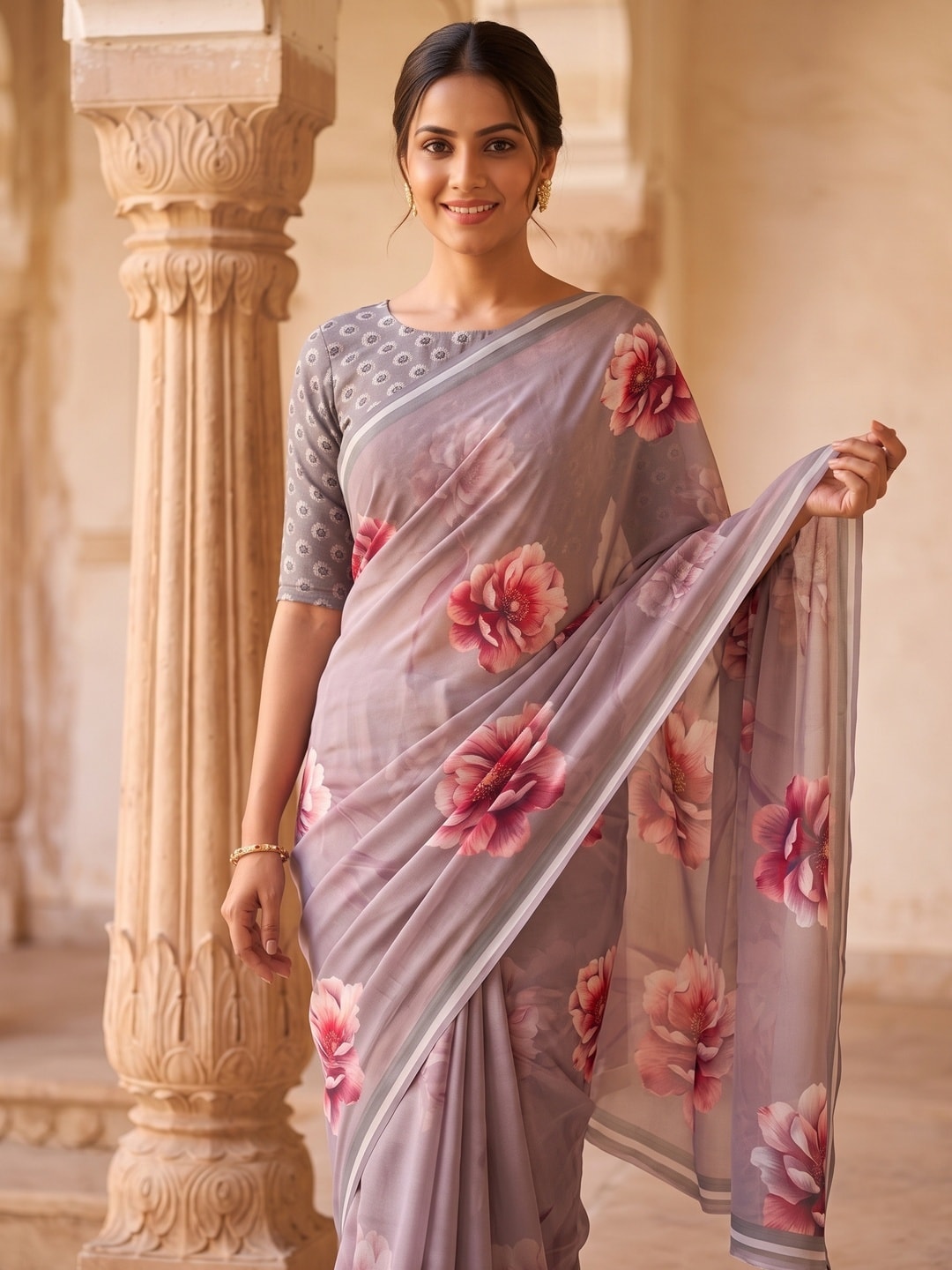 Peachmode Grey Peony Floral Weightless Georgette Digital Printed Saree - Image 2