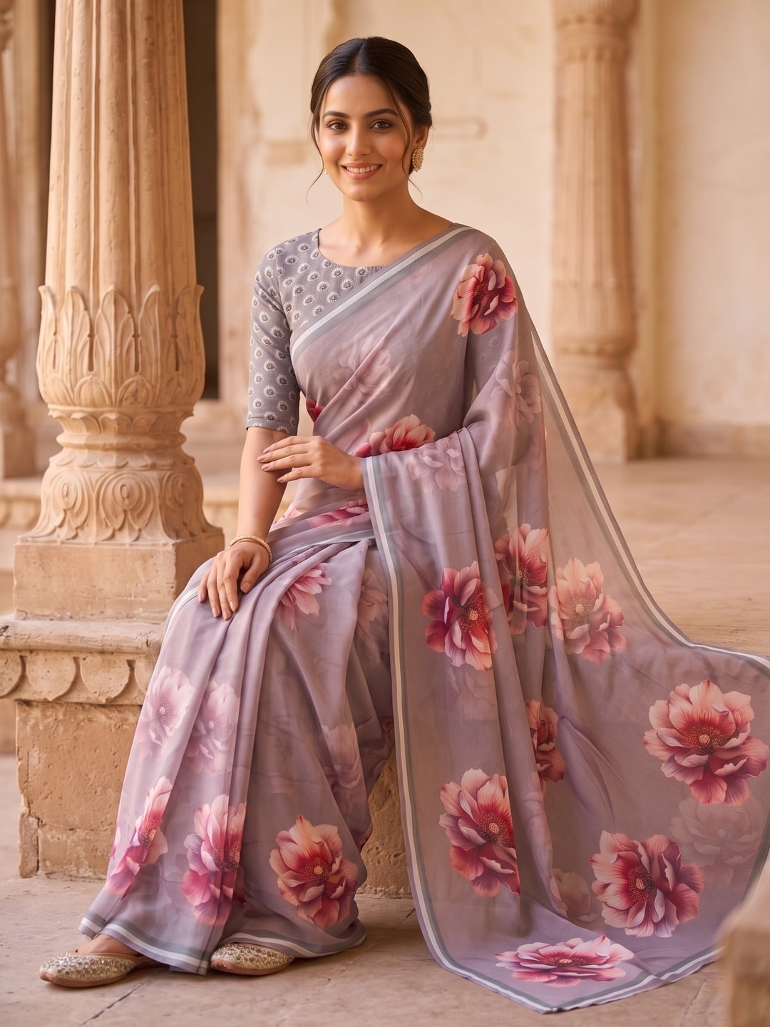 Peachmode Grey Peony Floral Weightless Georgette Digital Printed Saree - Image 3