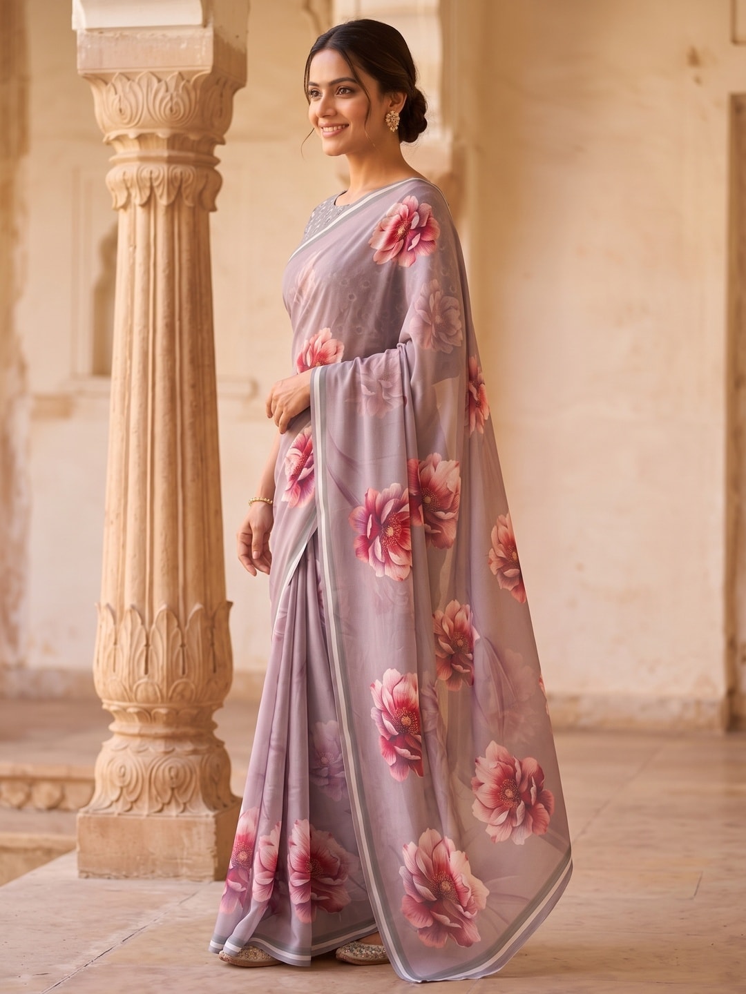 Peachmode Grey Peony Floral Weightless Georgette Digital Printed Saree - Image 4