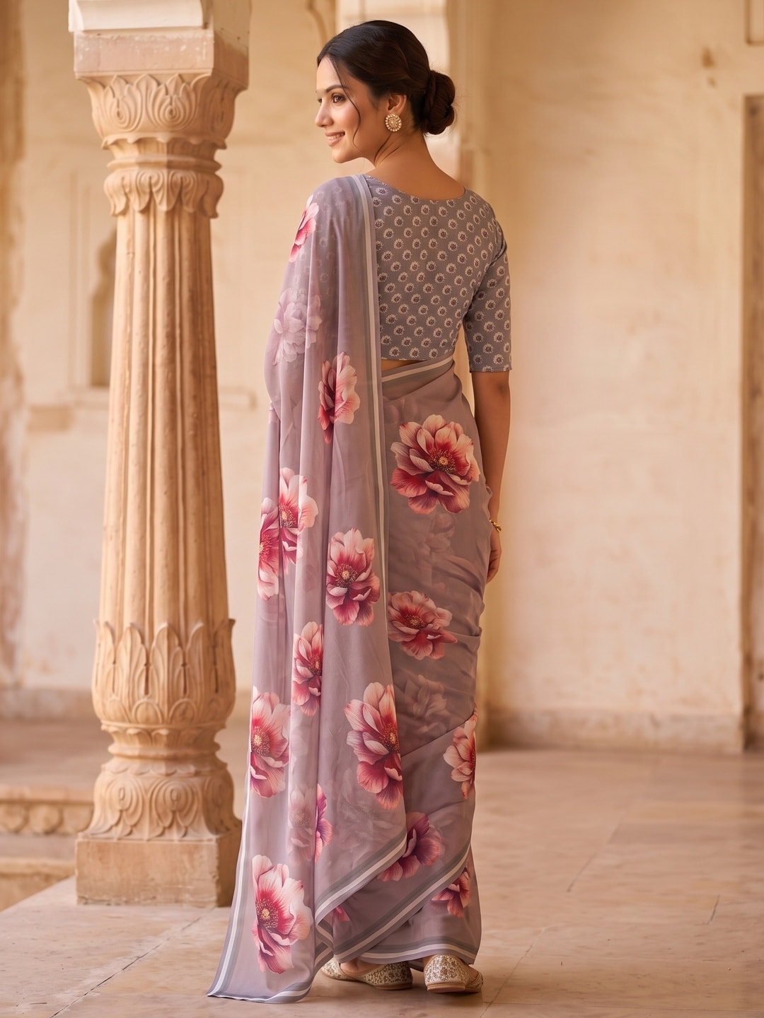Peachmode Grey Peony Floral Weightless Georgette Digital Printed Saree - Image 5