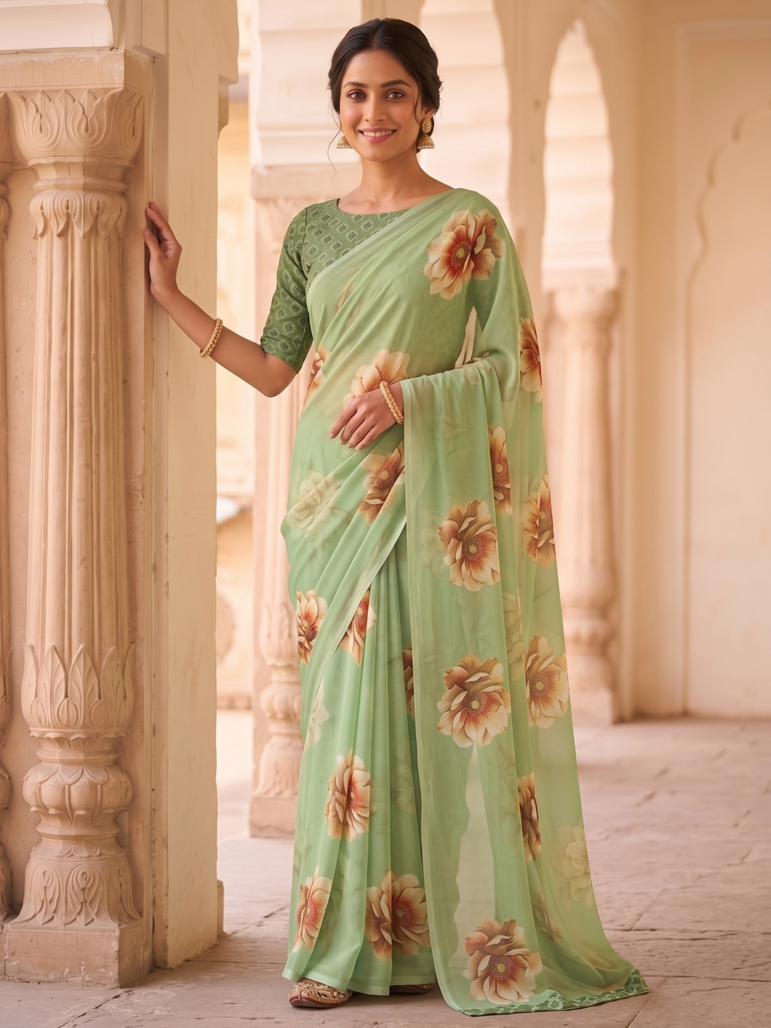 Peachmode Pista Green Peony Floral Weightless Georgette Digital Printed Saree - Image 2