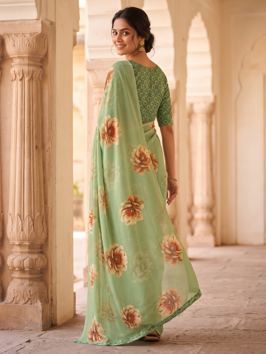 Peachmode Pista Green Peony Floral Weightless Georgette Digital Printed Saree - Image 4