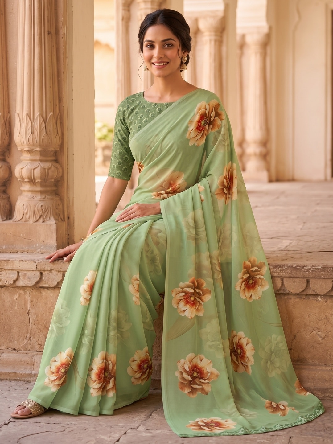 Peachmode Pista Green Peony Floral Weightless Georgette Digital Printed Saree - Image 5