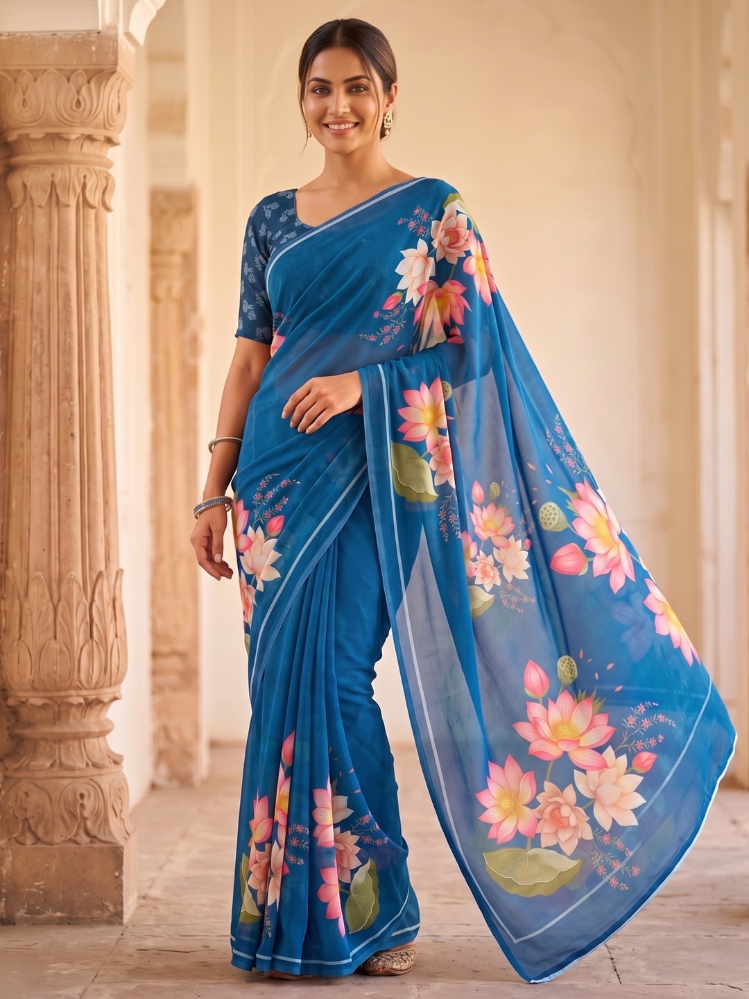 Peachmode Blue Lotus Floral Weightless Georgette Digital Printed Saree - Image 1