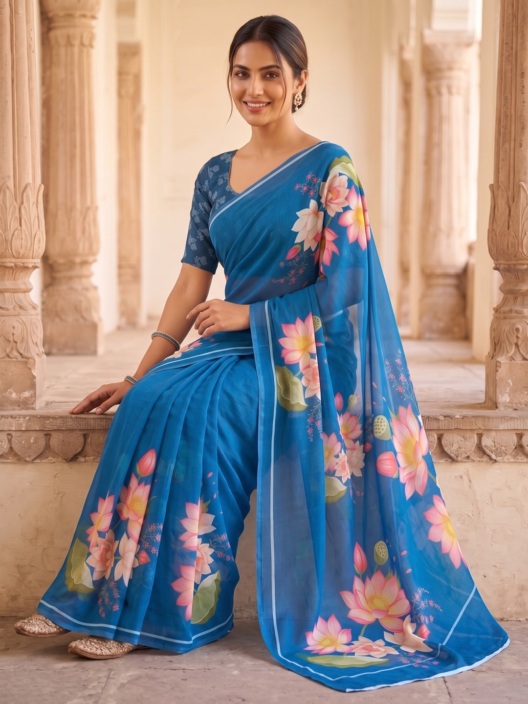 Peachmode Blue Lotus Floral Weightless Georgette Digital Printed Saree - Image 3