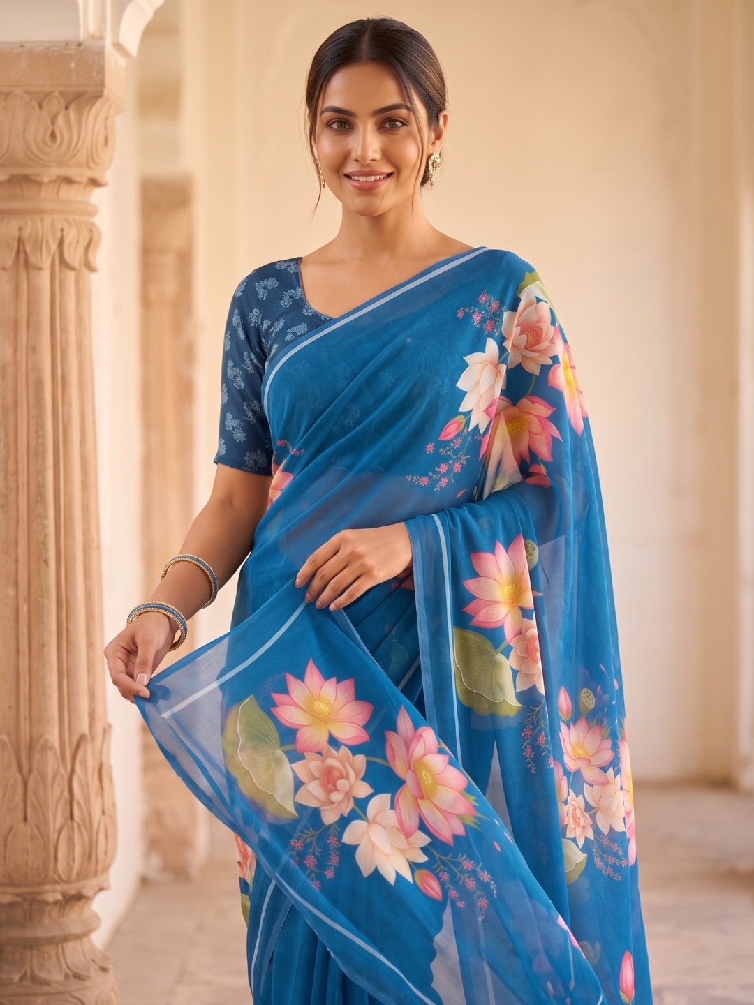 Peachmode Blue Lotus Floral Weightless Georgette Digital Printed Saree - Image 5