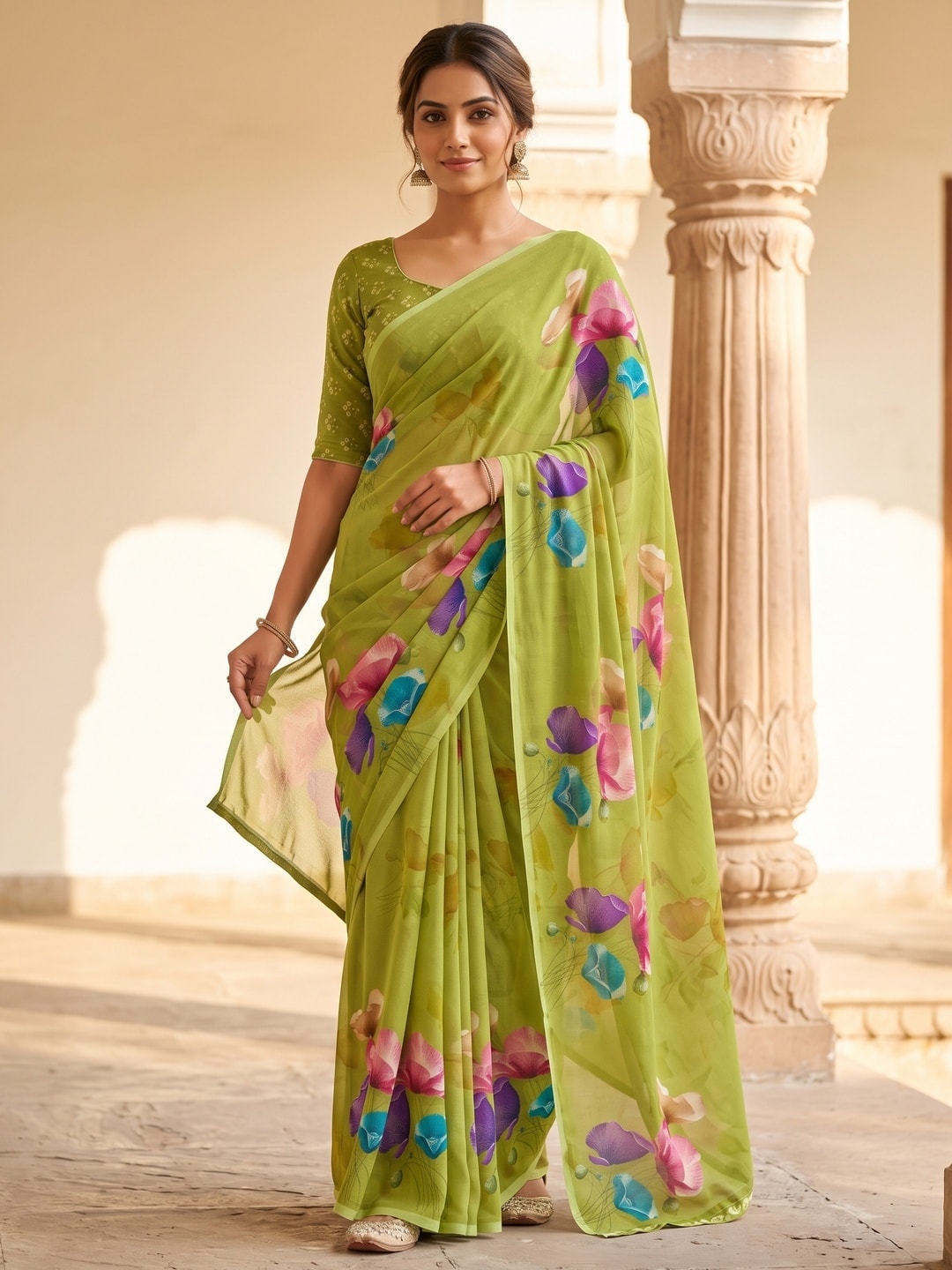 Peachmode Lime Green Watercolour Bloom Weightless Georgette Digital Printed Saree - Image 1