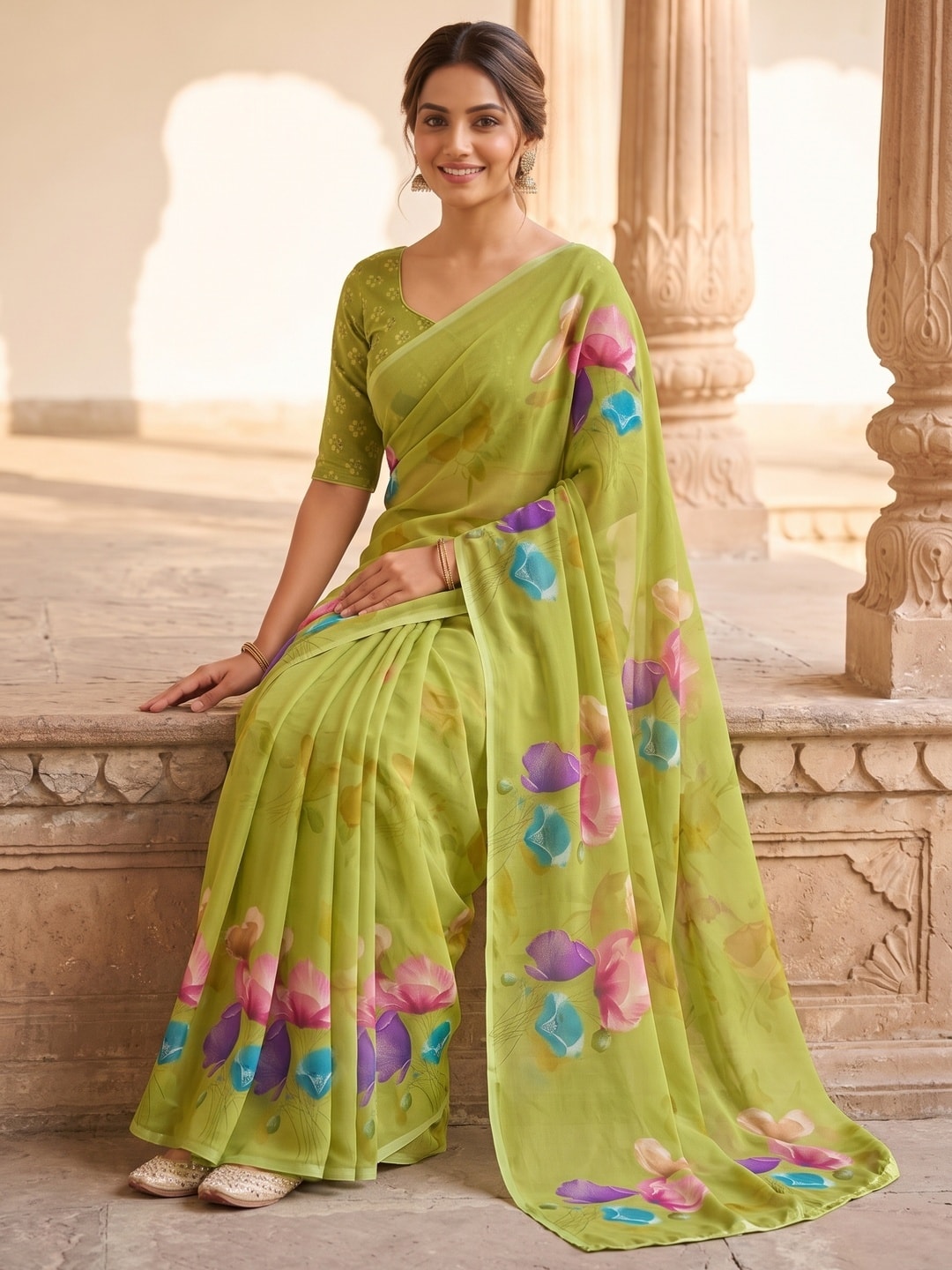 Peachmode Lime Green Watercolour Bloom Weightless Georgette Digital Printed Saree - Image 4