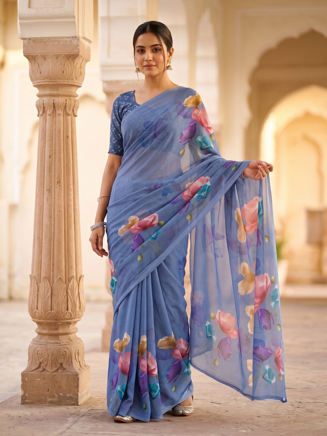 Peachmode Sky Blue Watercolour Bloom Weightless Georgette Digital Printed Saree - Image 1
