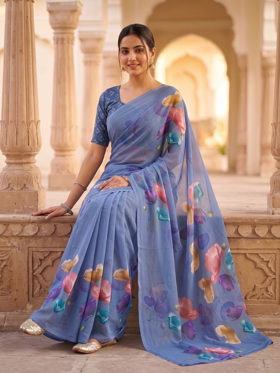 Peachmode Sky Blue Watercolour Bloom Weightless Georgette Digital Printed Saree - Image 4