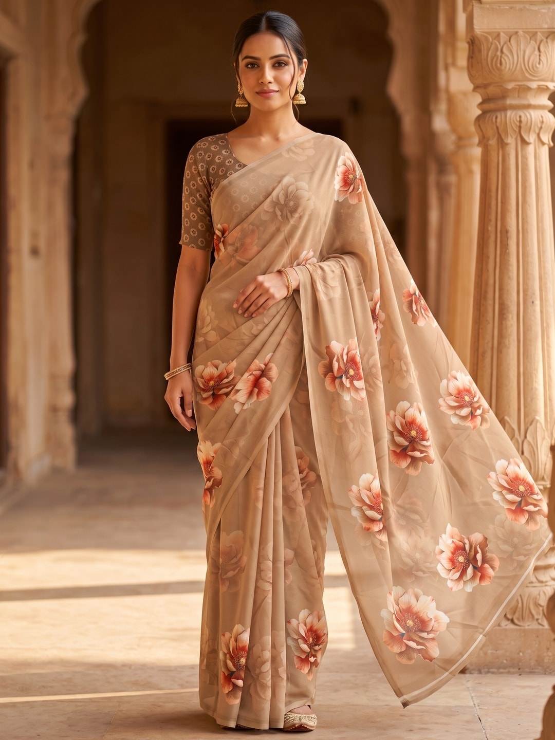 Peachmode Beige Peony Floral Weightless Georgette Digital Printed Saree - Image 1